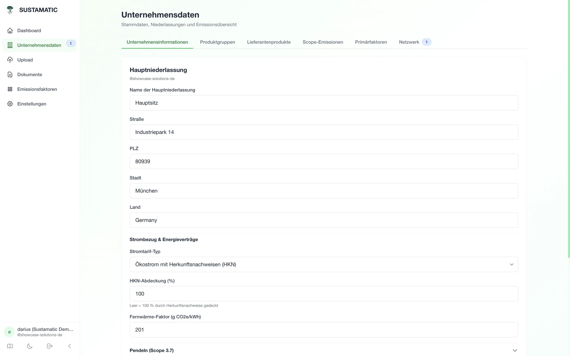Sustamatic Unternehmensdaten mit Hauptsitz, Energieverträgen und Pendel-Einstellungen