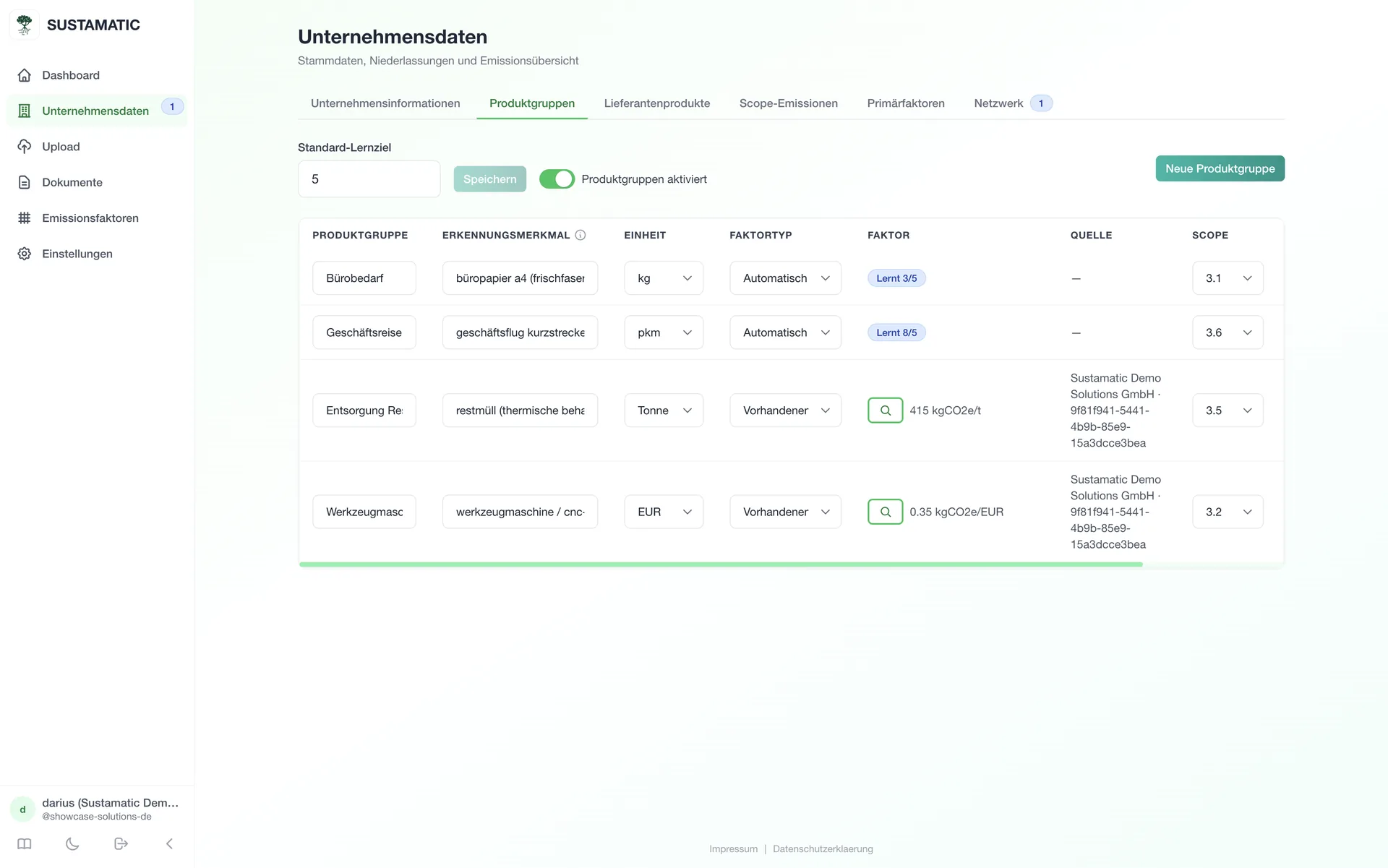 Sustamatic Produktgruppen-Tabelle mit Stichwort-Erkennung, Einheit, Faktortyp und festen oder automatisch gelernten Emissionsfaktoren