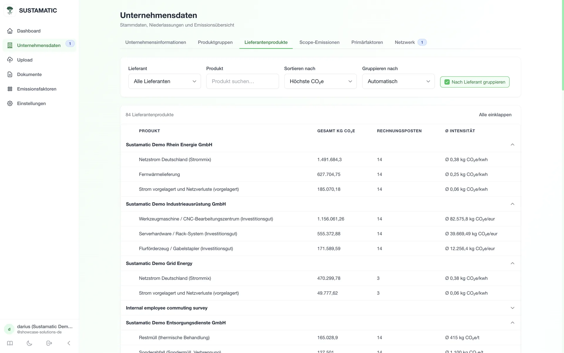 Sustamatic Lieferantenprodukte-Tab nach Lieferant gruppiert, mit CO₂e-Summen je Produkt, Anzahl Rechnungsposten und Ø Intensität