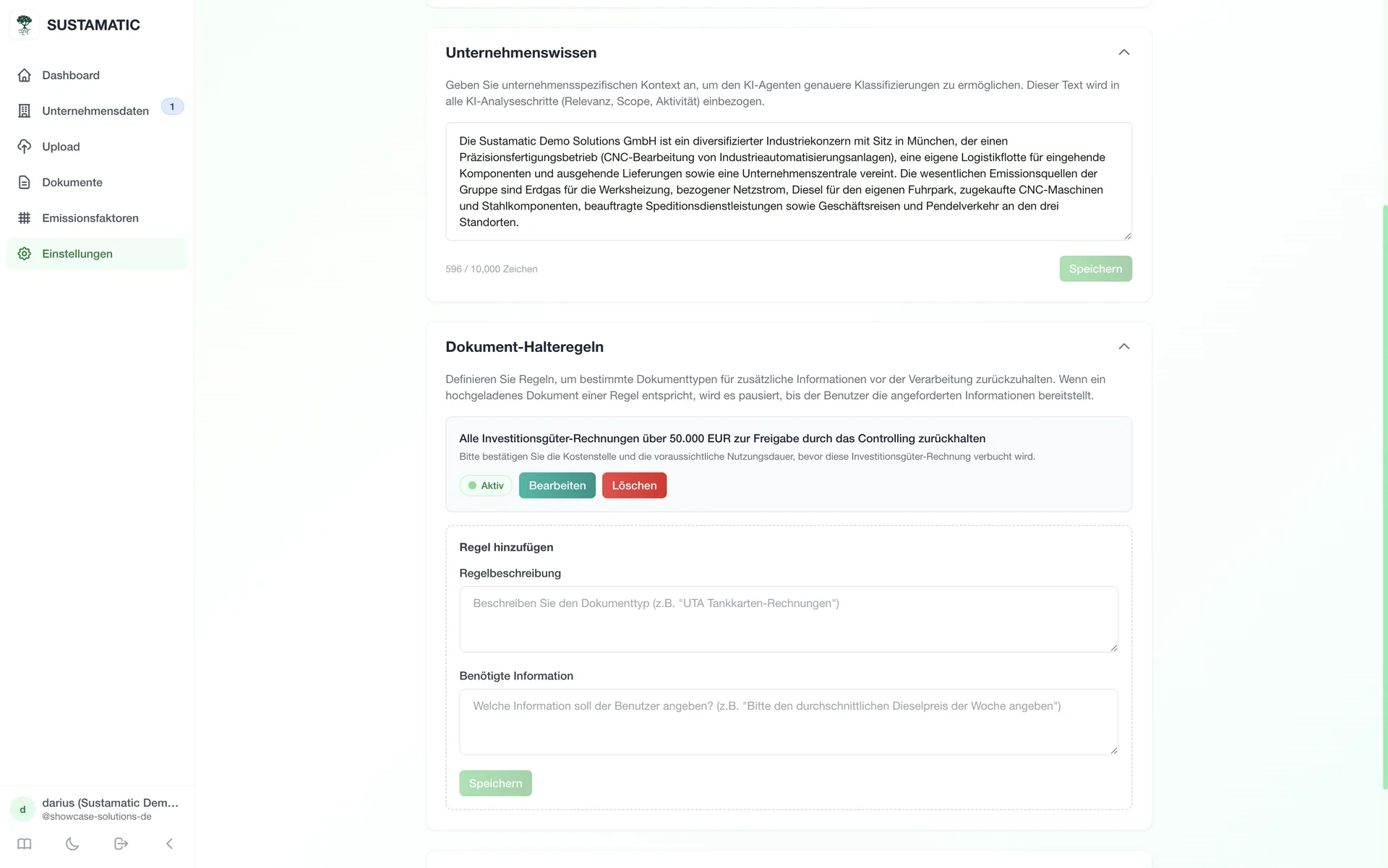 Sustamatic Dokumenten-Haltregeln pausieren passende Rechnungen für zusätzliche Angaben