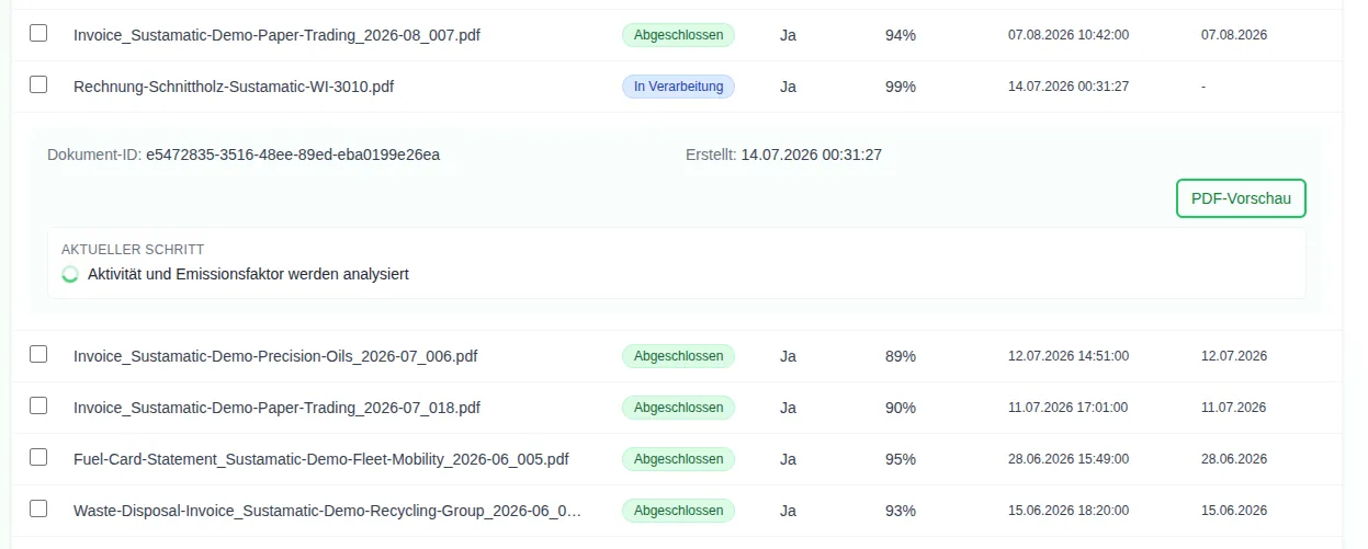 Sustamatic verarbeitet ein Dokument live — aktueller Schritt: Aktivität und Emissionsfaktor werden analysiert